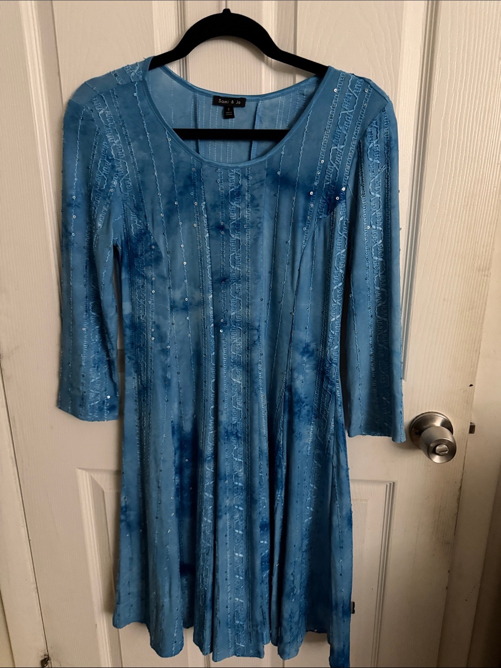 Sami & Jo Light Blue Embellished Long-Sleeve A-Line Dress